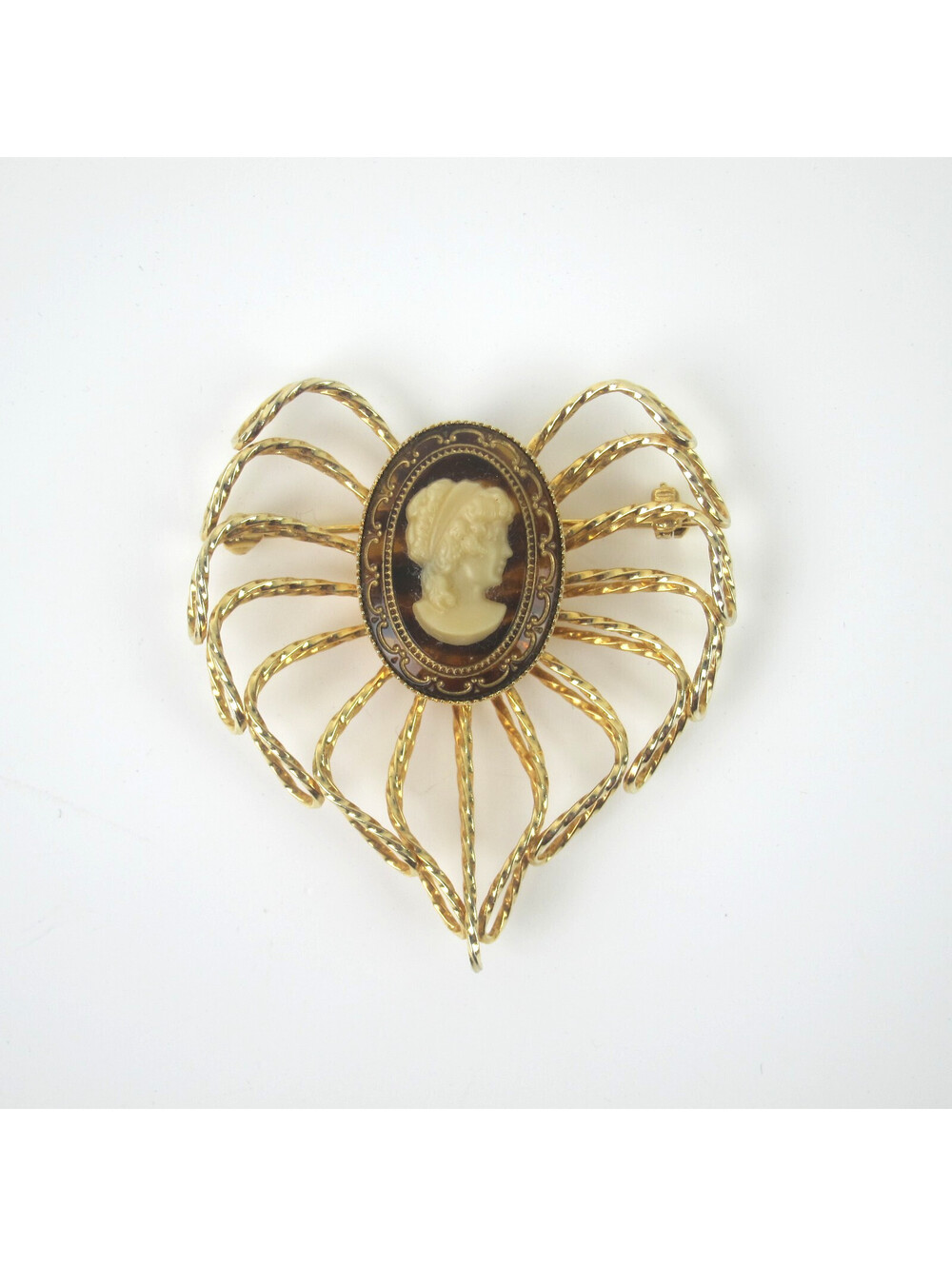 Vintage Cameo Pin Brooch Gold Tone Open Metal Wire Heart with Faux Topaz 2"